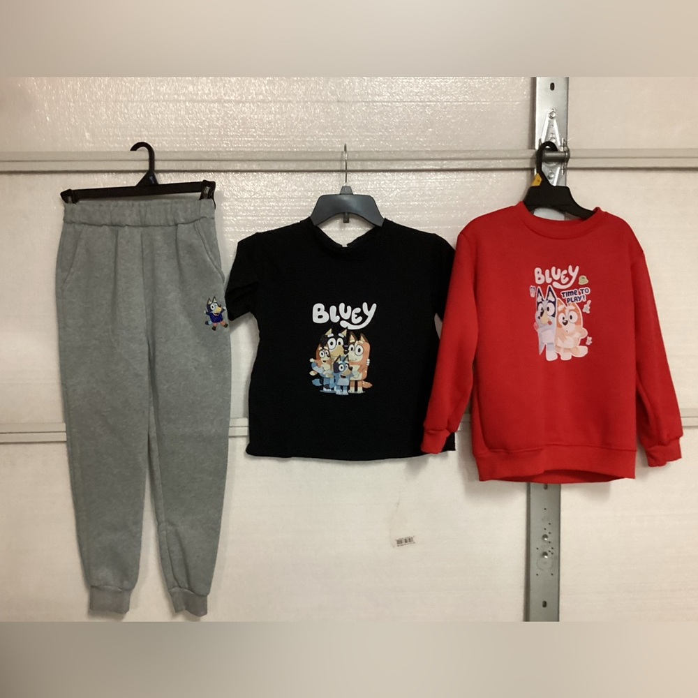 One T-shirt, one sweatshirt, and one pair of sweat sweatpants size 10/12